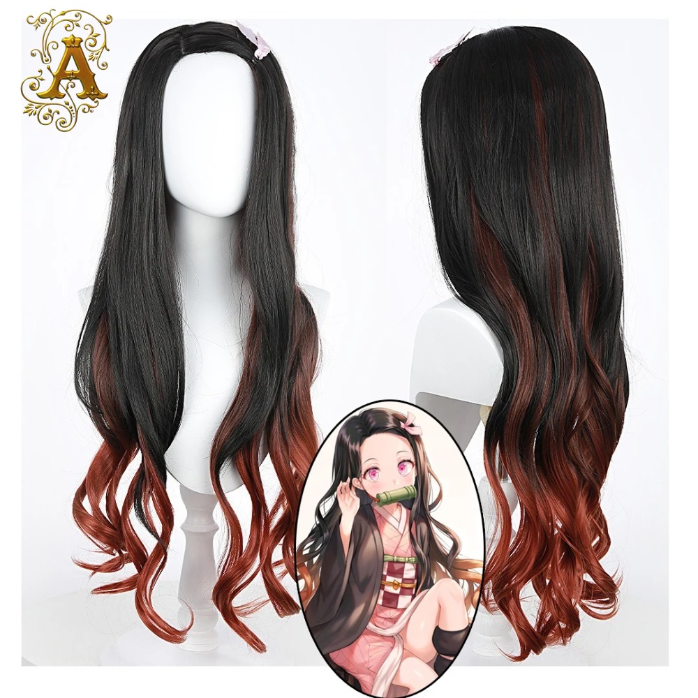 Wig Fiber Net - Czarno-ciemnoczerwona gradientowa peruka cosplay Nezuko, kręcone